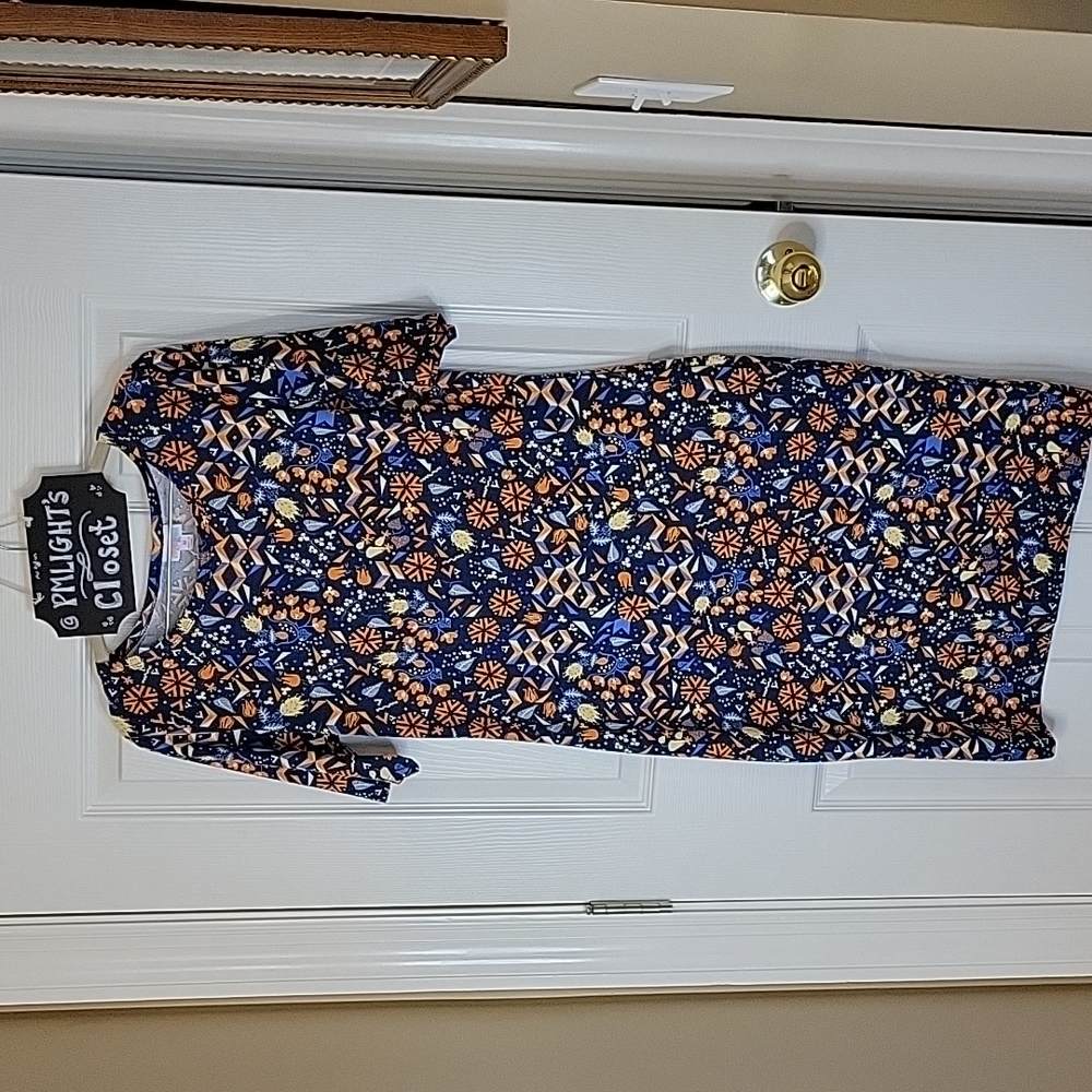 LuLaRoe Dress Julia Medium Short Sleeve Blue Orange Yellow Ivory Geometric